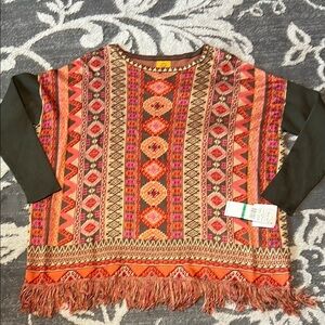 Ruby Rd. Orange and Pink Crew Neck Sweater with Fringe size L/XL